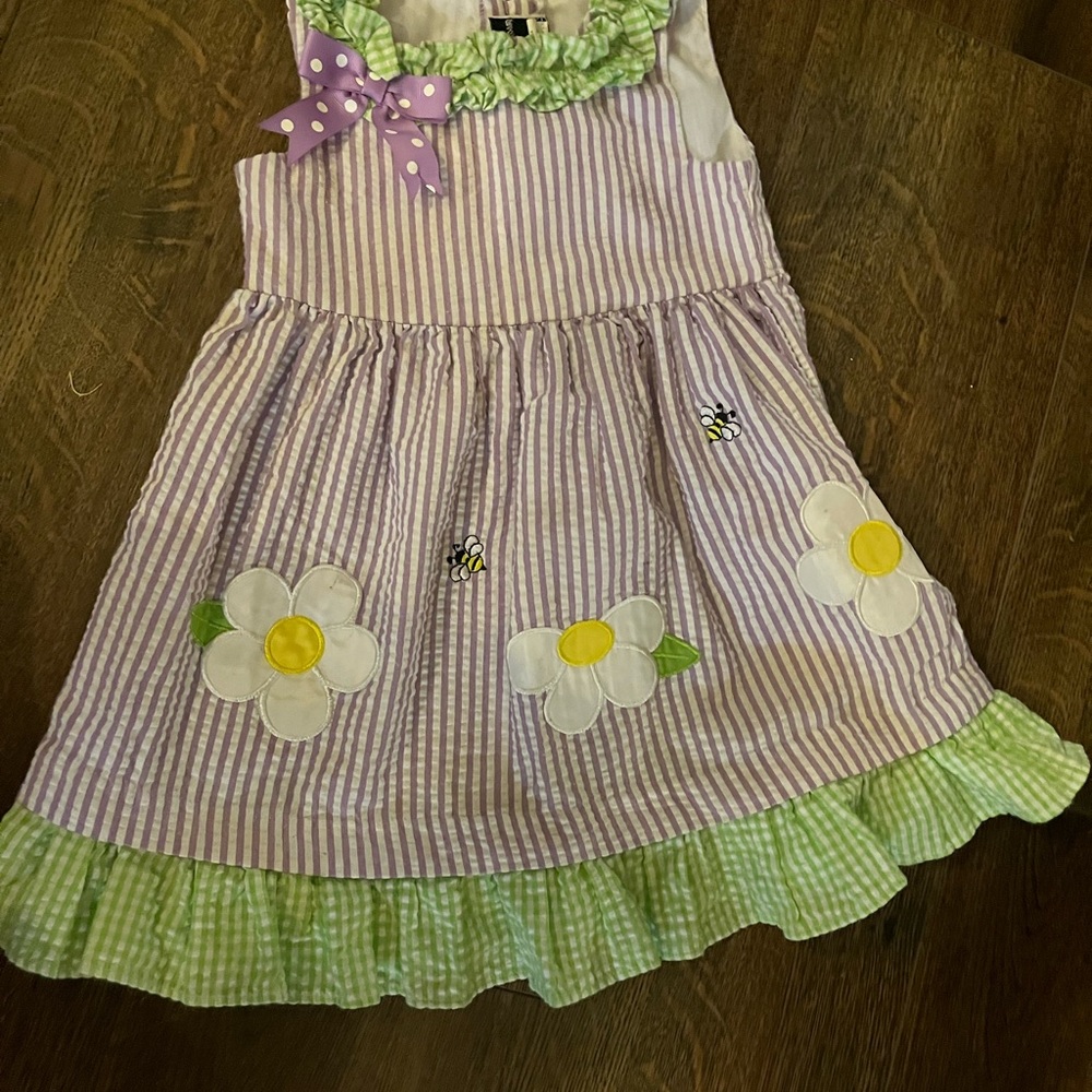 Rare Editions Lavender and Mint Striped Dress with Floral Appliques